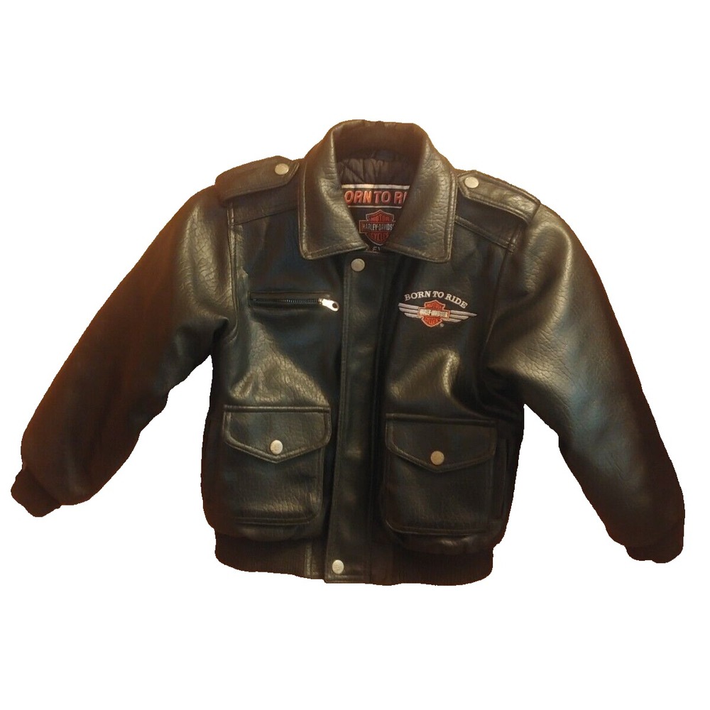 Harley Davidson Youth Size 7 Black Faux Leather Bomber Jacket Quilted Lining